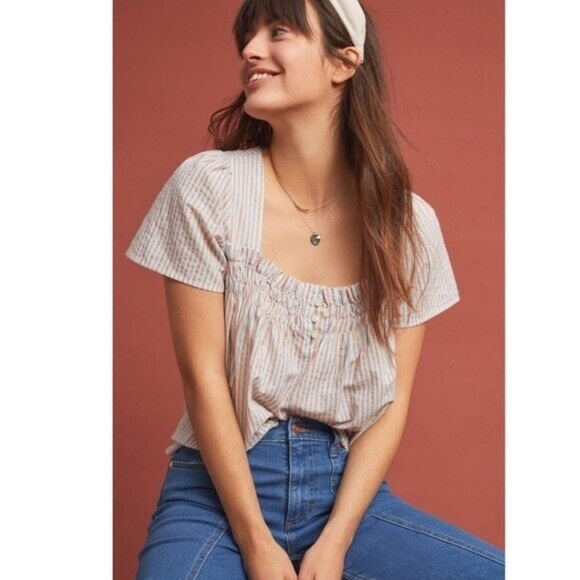 Anthropologie Isabella Sinclair Striped Smocked Neck Short Sleeve White Red S - Picture 10 of 10